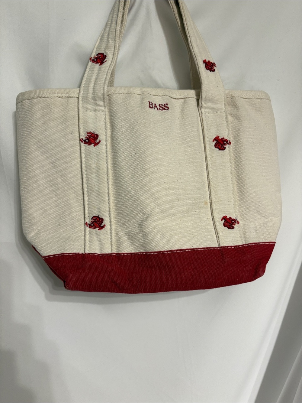 G.H. Bass & Co. White Canvas Tote with Red Trim and Lobster Embroidered Accents